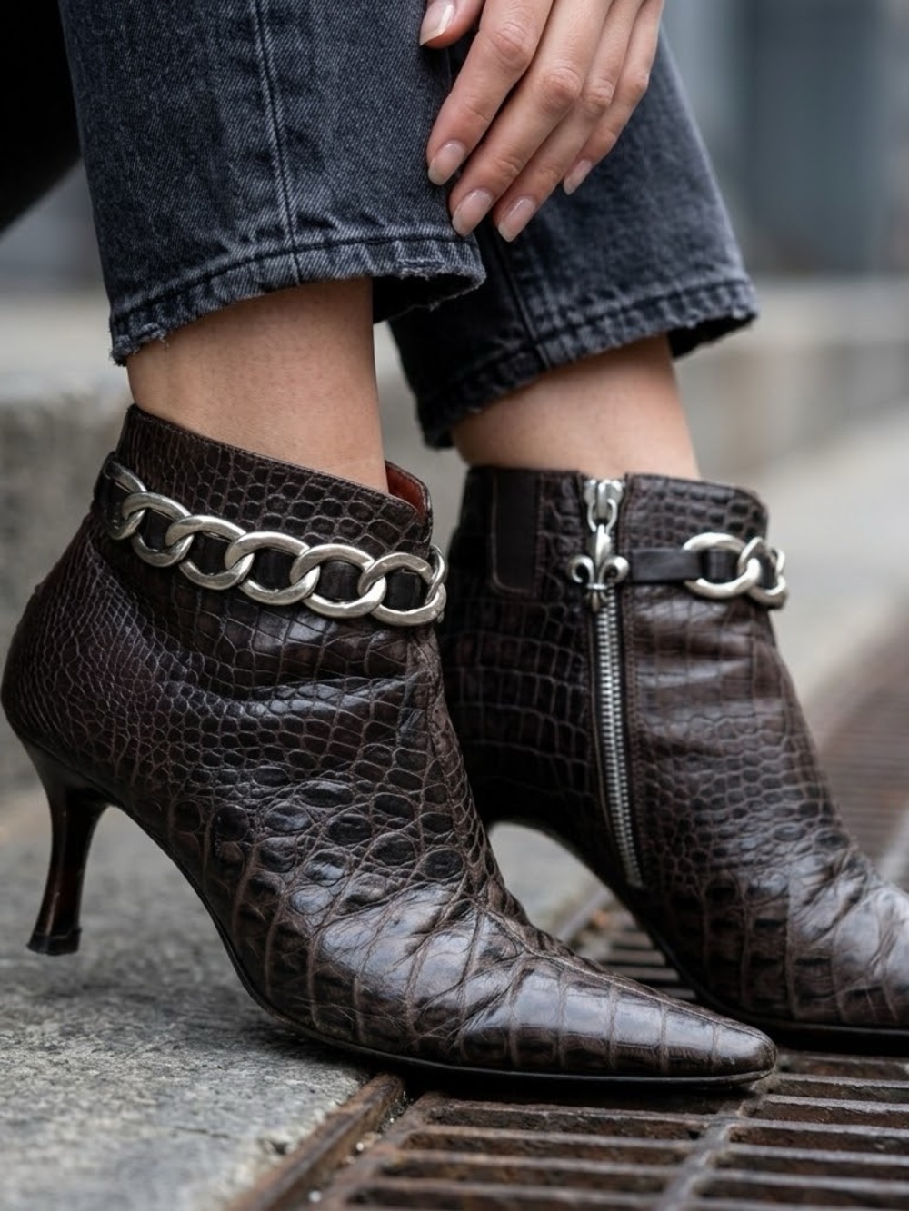 Donald J Pliner Strato Bootie Heel Pointed Toe Croc Brown Leather Women's US 6.5